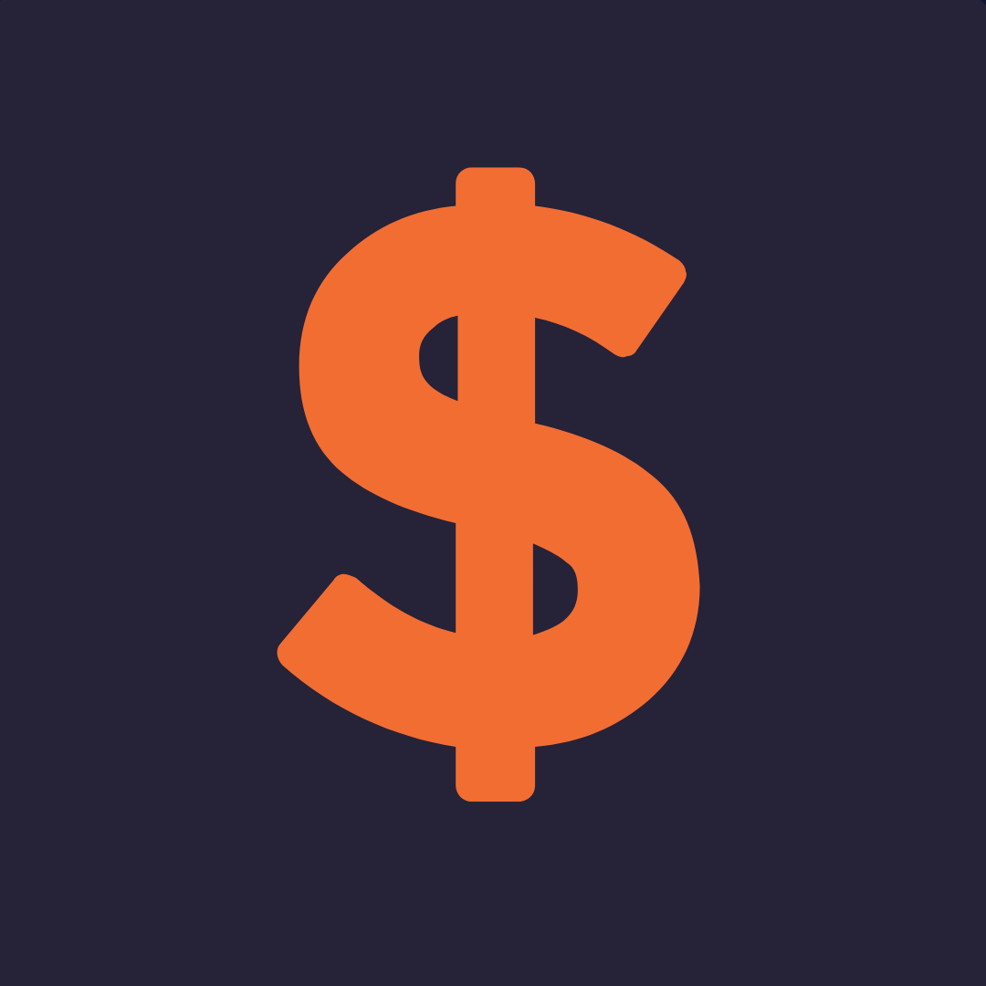 Orange dollar sign symbol on a dark purple background representing money or finance.