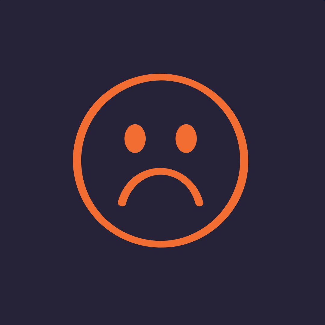 Orange sad face icon with frowning mouth and oval eyes on dark background.