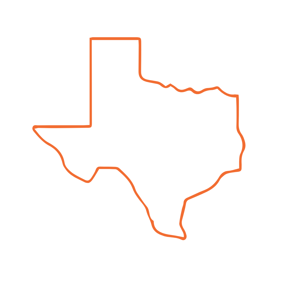 Outline of the U.S. state of Texas in orange on a black background.