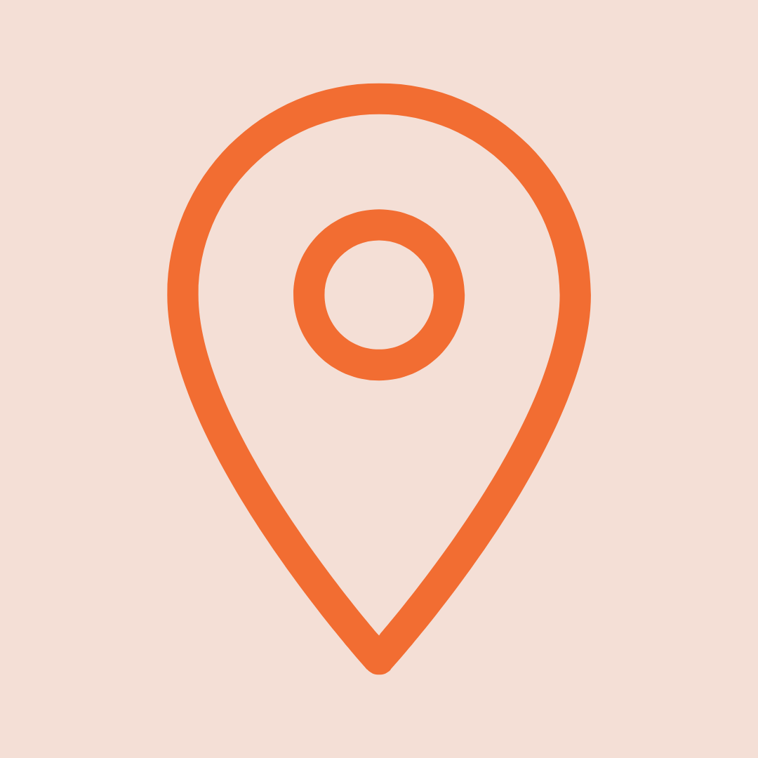 Orange location pin icon on a light beige background.