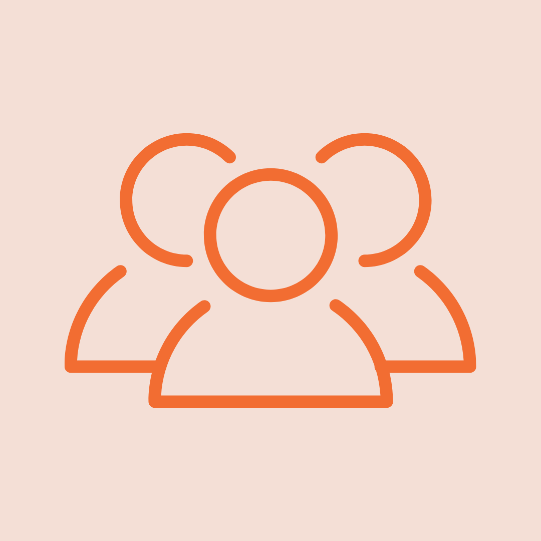 Icon of three orange outlined people on a light peach background representing a group.