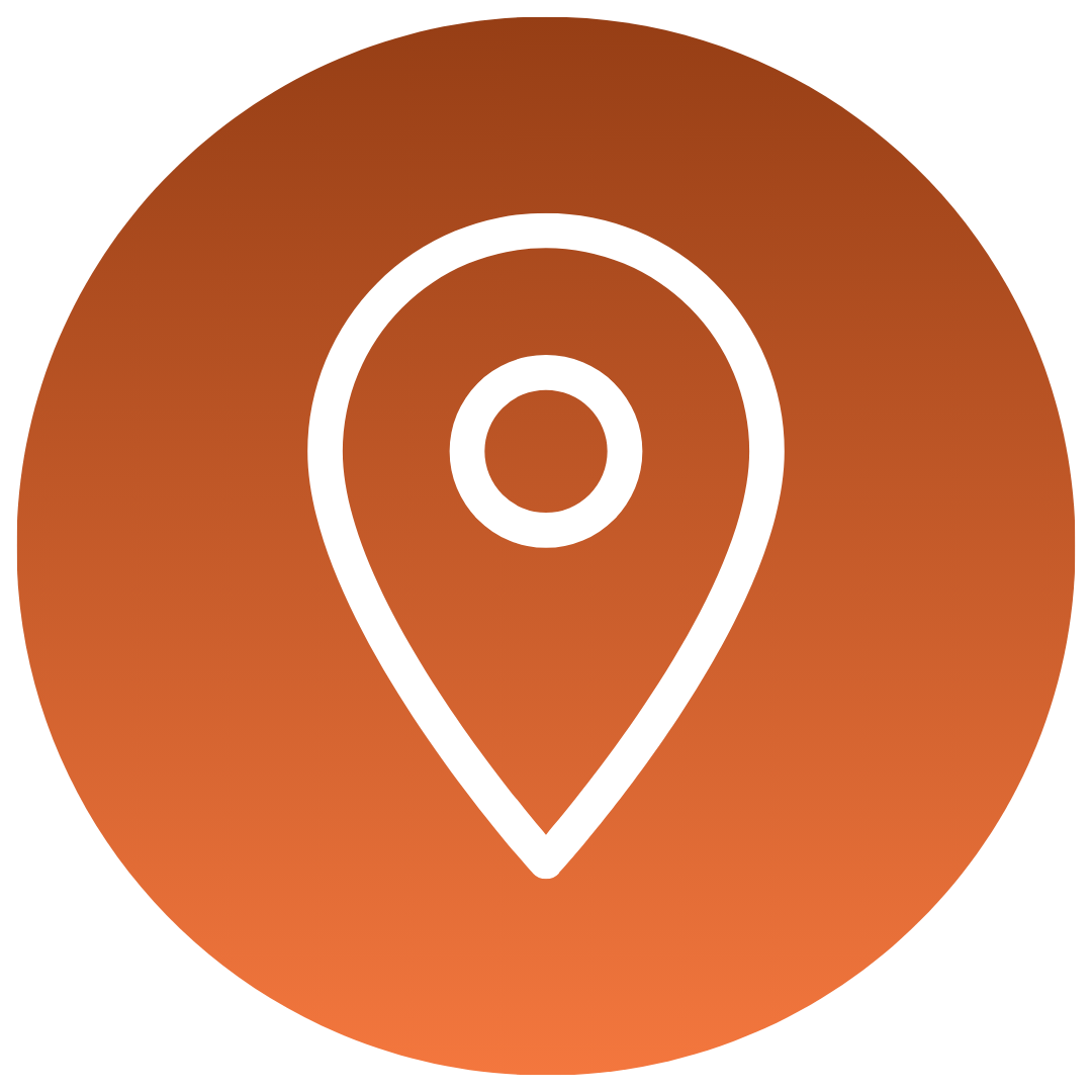 White map location pin icon on a round orange gradient background.