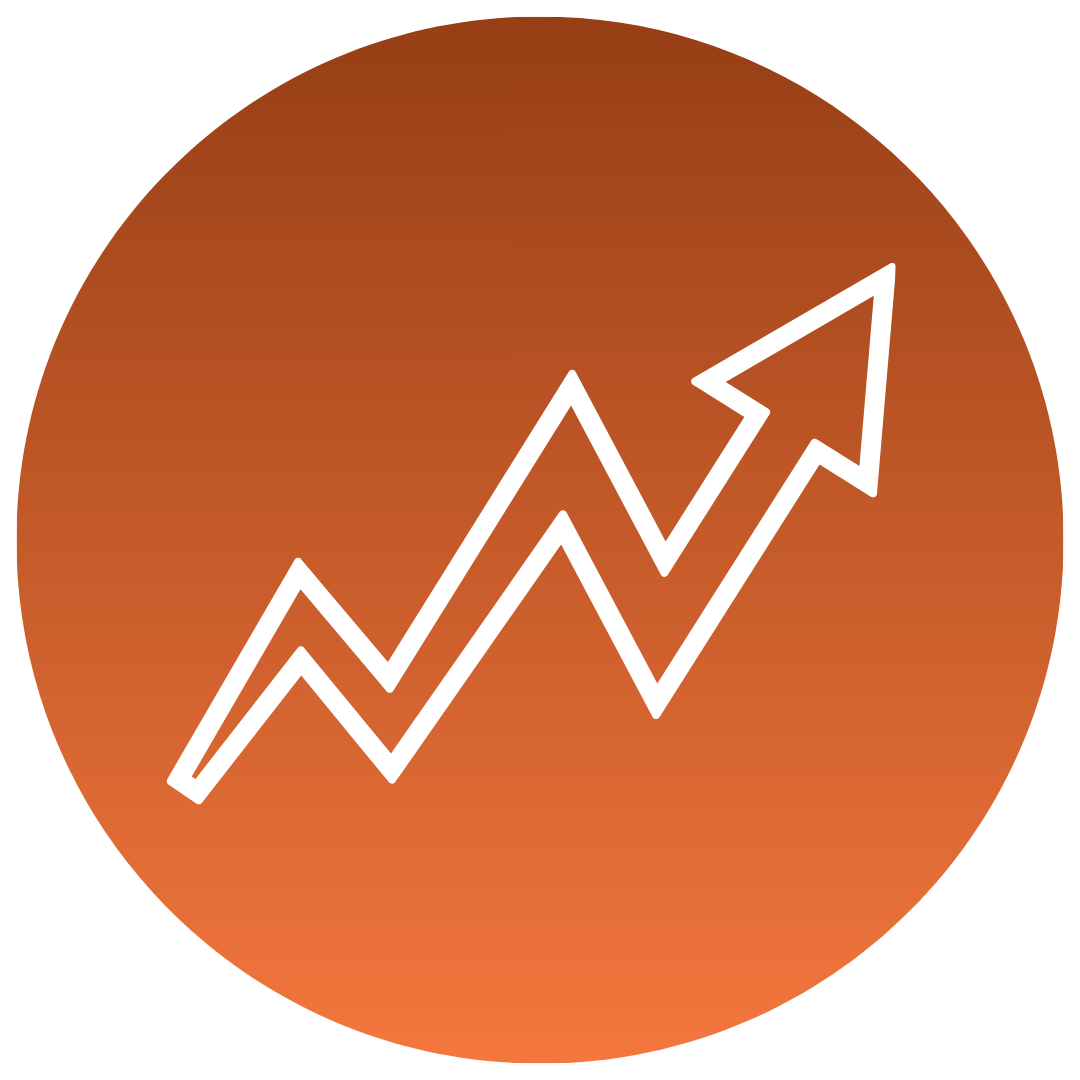 White zigzag arrow pointing up inside an orange gradient circle indicating growth or trend.
