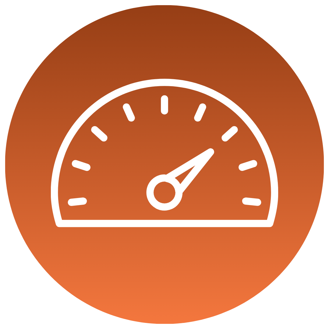 White speedometer gauge icon on an orange circular gradient background.
