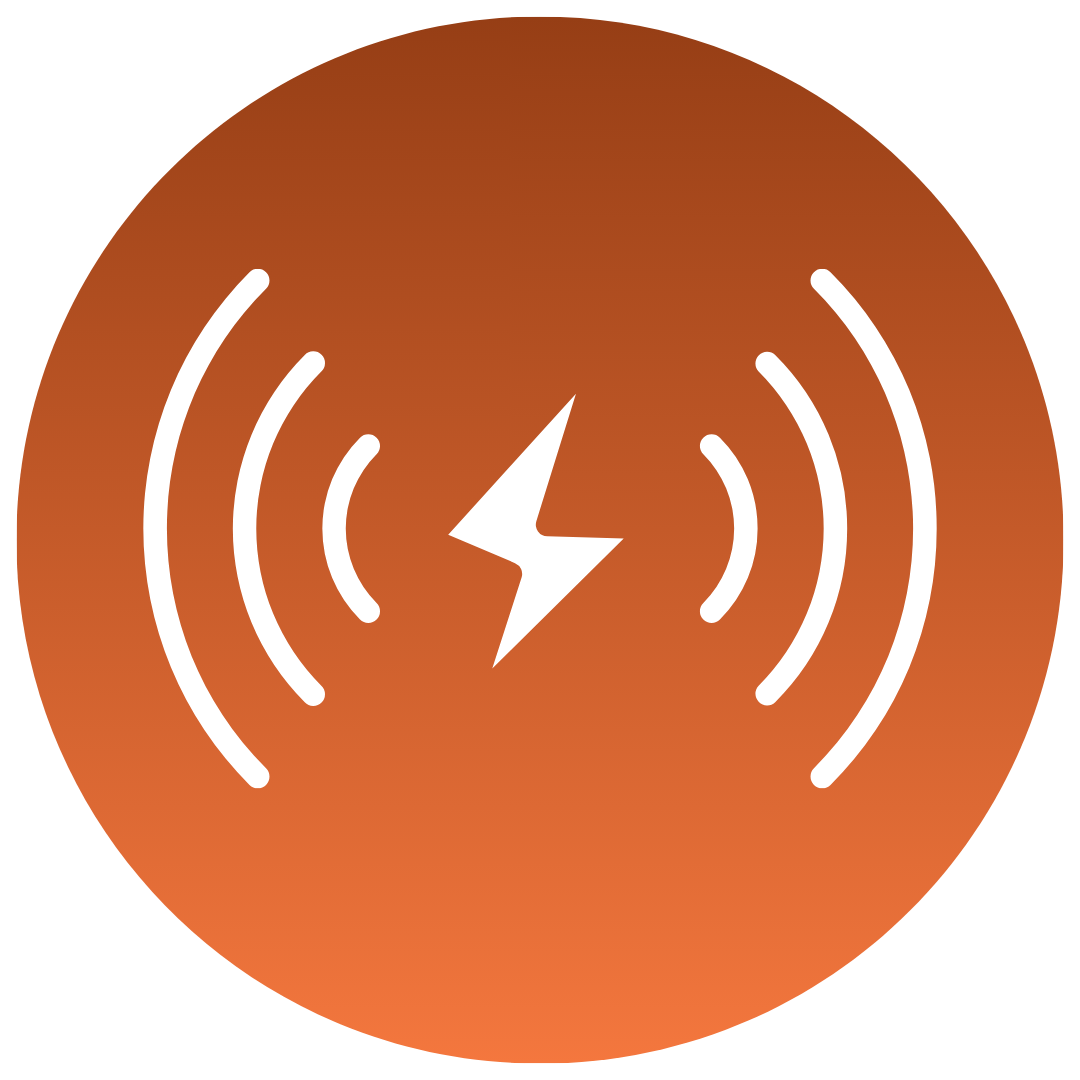 White lightning bolt with wireless signal waves on an orange gradient circular background.
