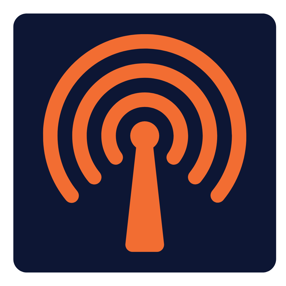 Orange radio signal icon with waves on a dark blue square background.