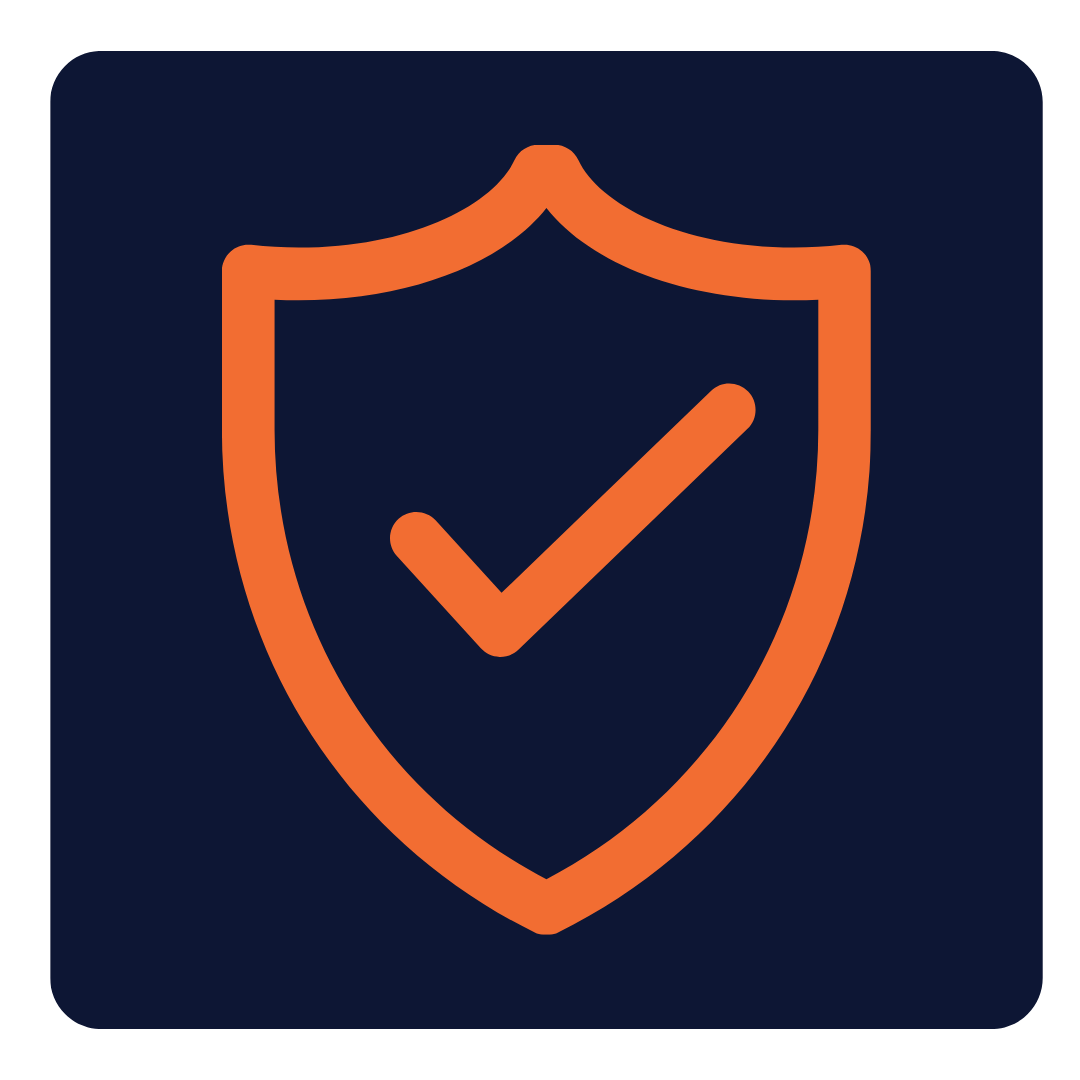 Orange shield icon with a check mark inside on a dark blue square background representing security.