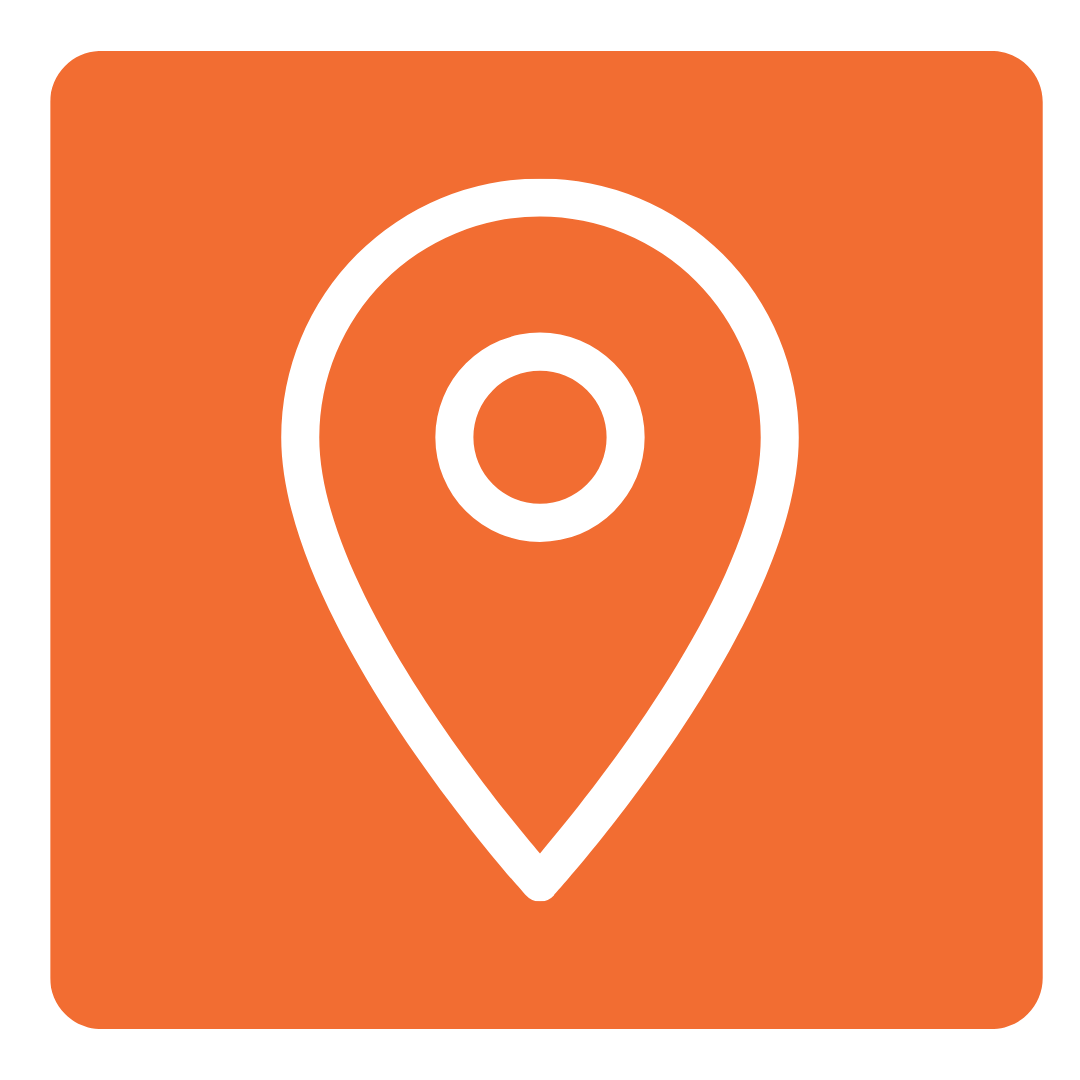 White location pin icon on an orange square background.