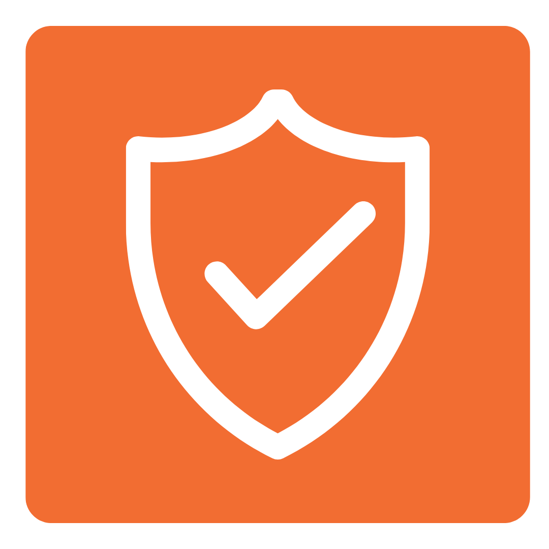 White shield with a checkmark inside on an orange rounded square background symbolizing security.