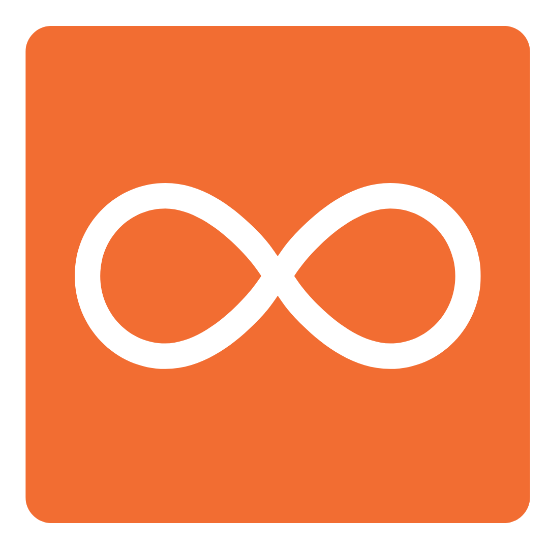 White infinity symbol centered on an orange square background with rounded corners.
