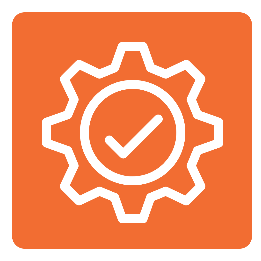White gear icon with checkmark inside on an orange rounded square background.