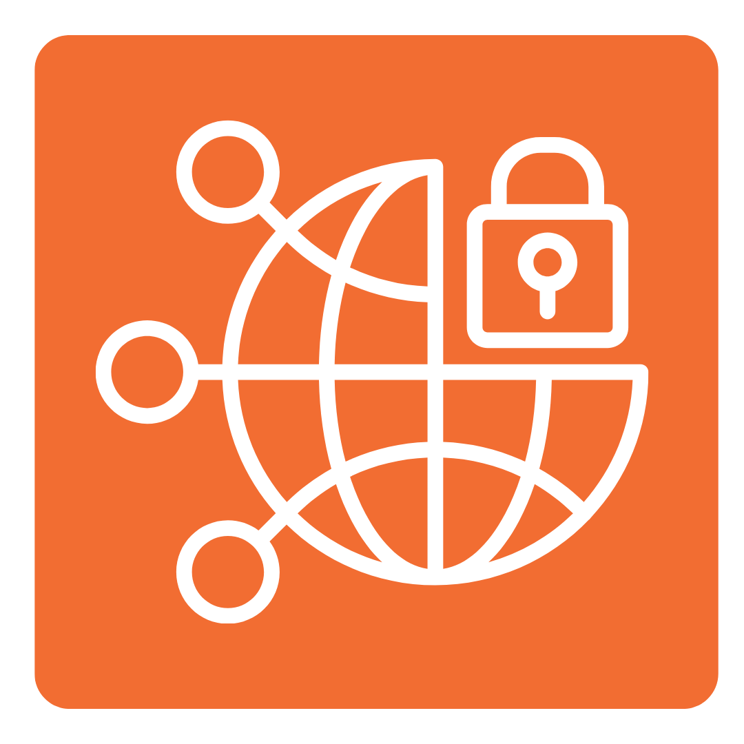 White globe with network nodes and a lock symbol on an orange rounded square background.