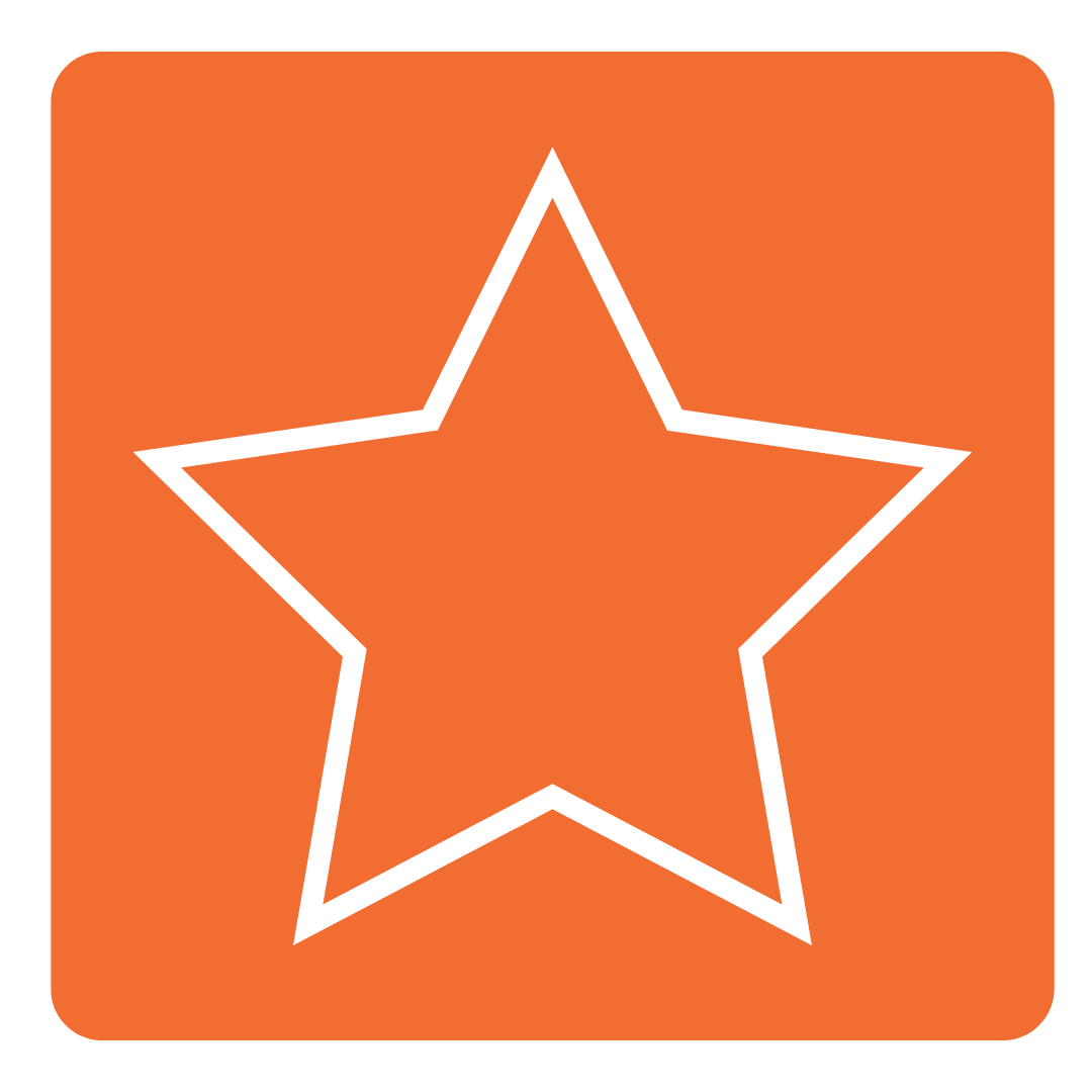 White outlined five-point star on an orange square background with rounded corners.