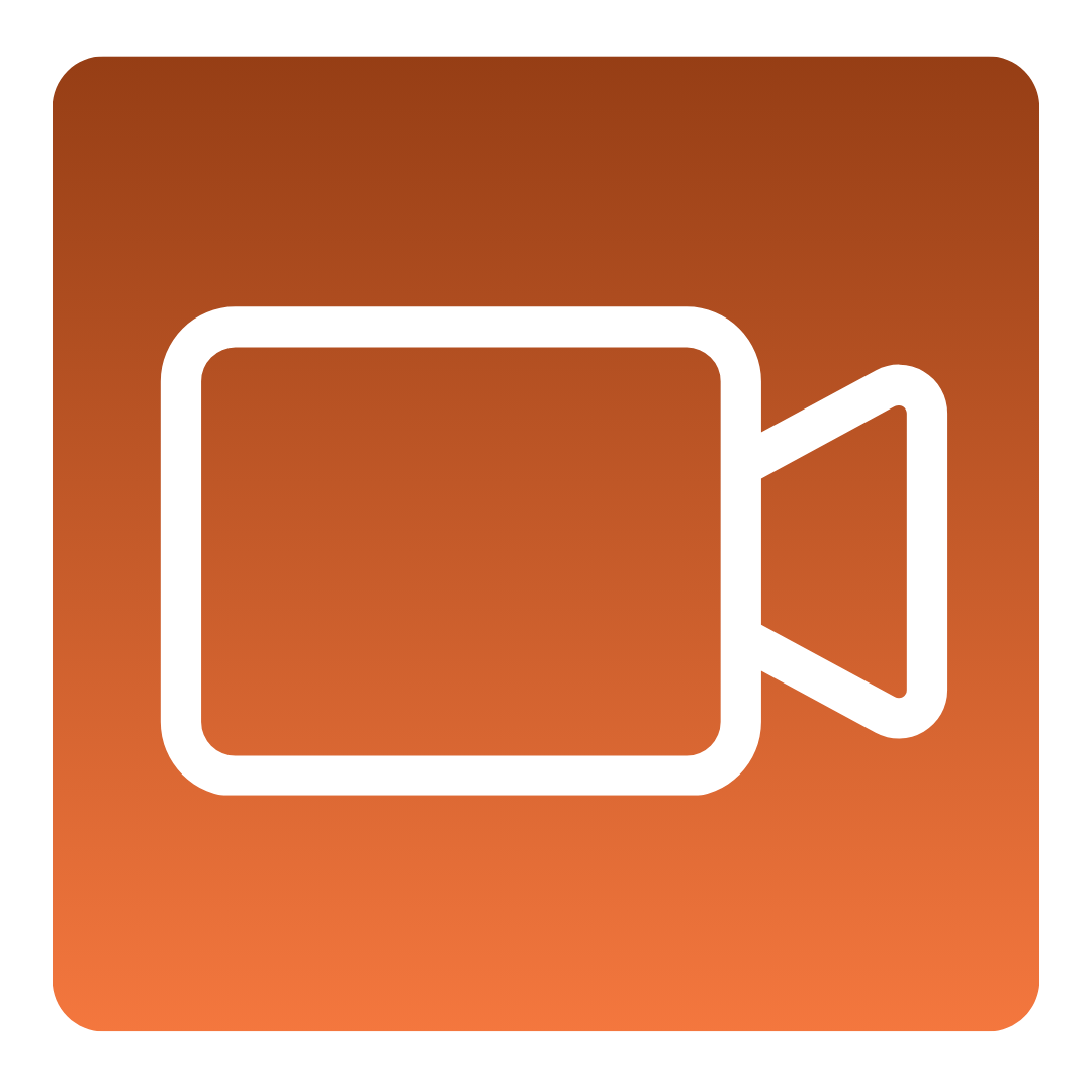 White video camera icon on a rounded square orange gradient background.