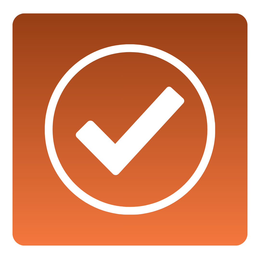 White check mark inside a circle on an orange gradient square background.