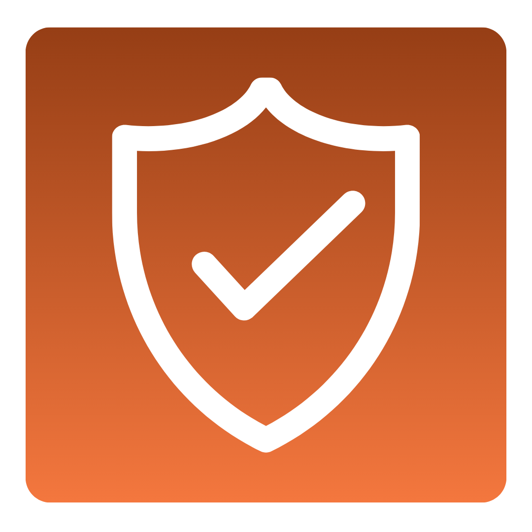 White shield with a checkmark inside on a rounded square orange gradient background.