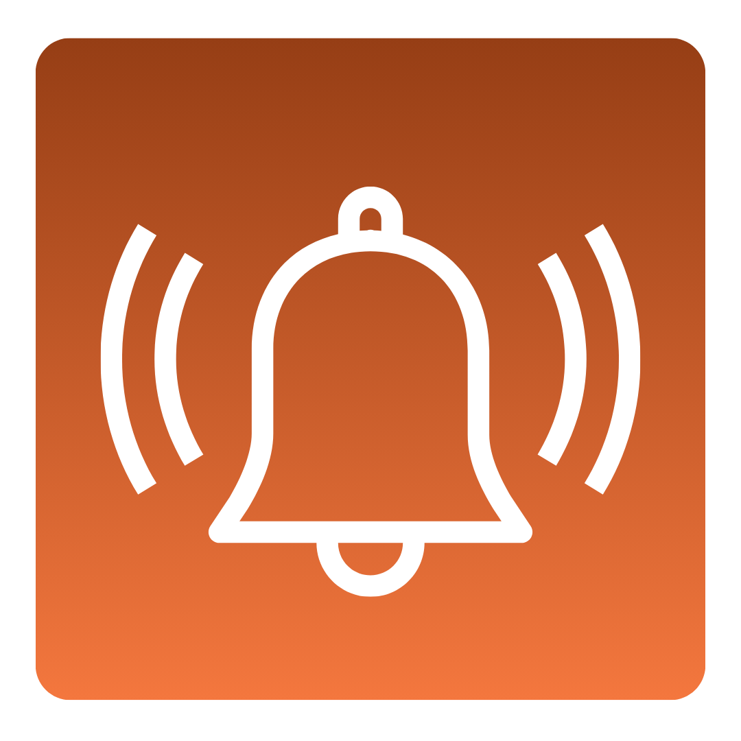 White ringing bell icon on a square orange gradient background.