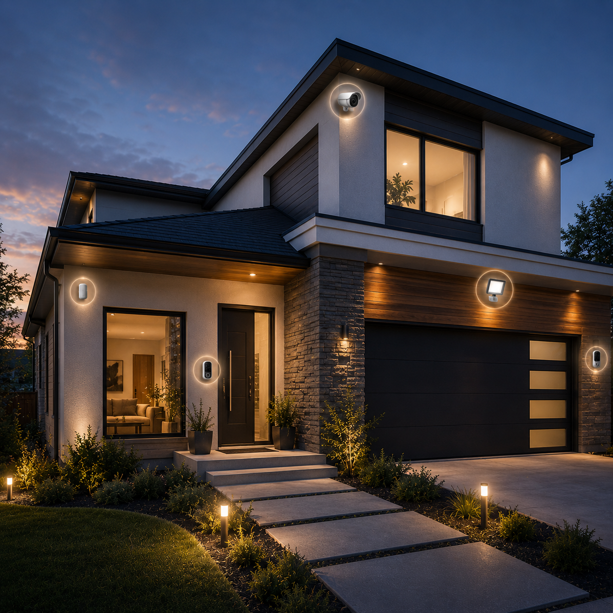 Modern two-story house at dusk with outdoor security cameras and lights illuminating the entrance and garage.