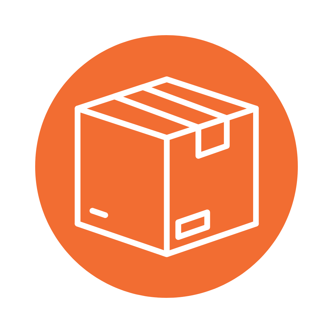 White line drawing of a sealed cardboard box on an orange circular background.