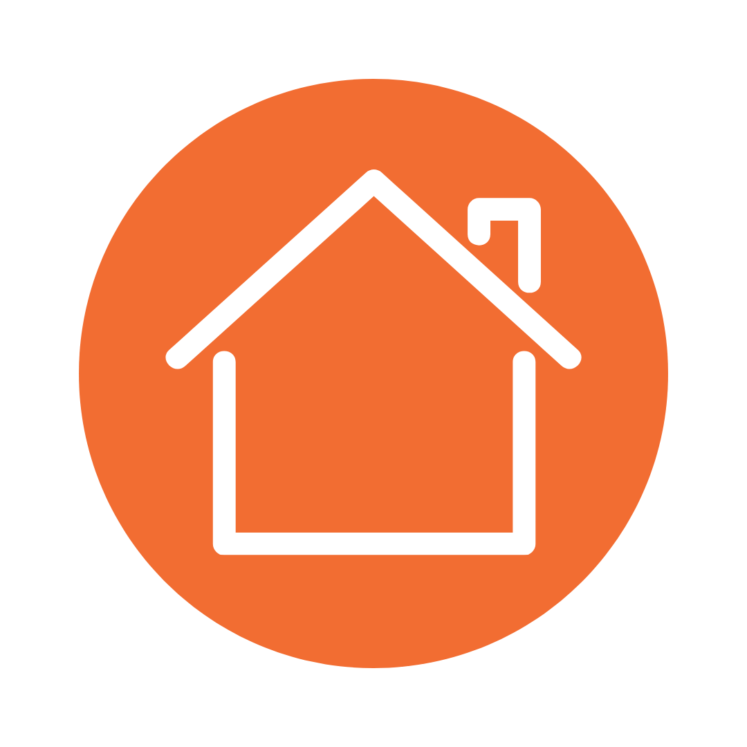 White house outline icon centered on an orange circular background.