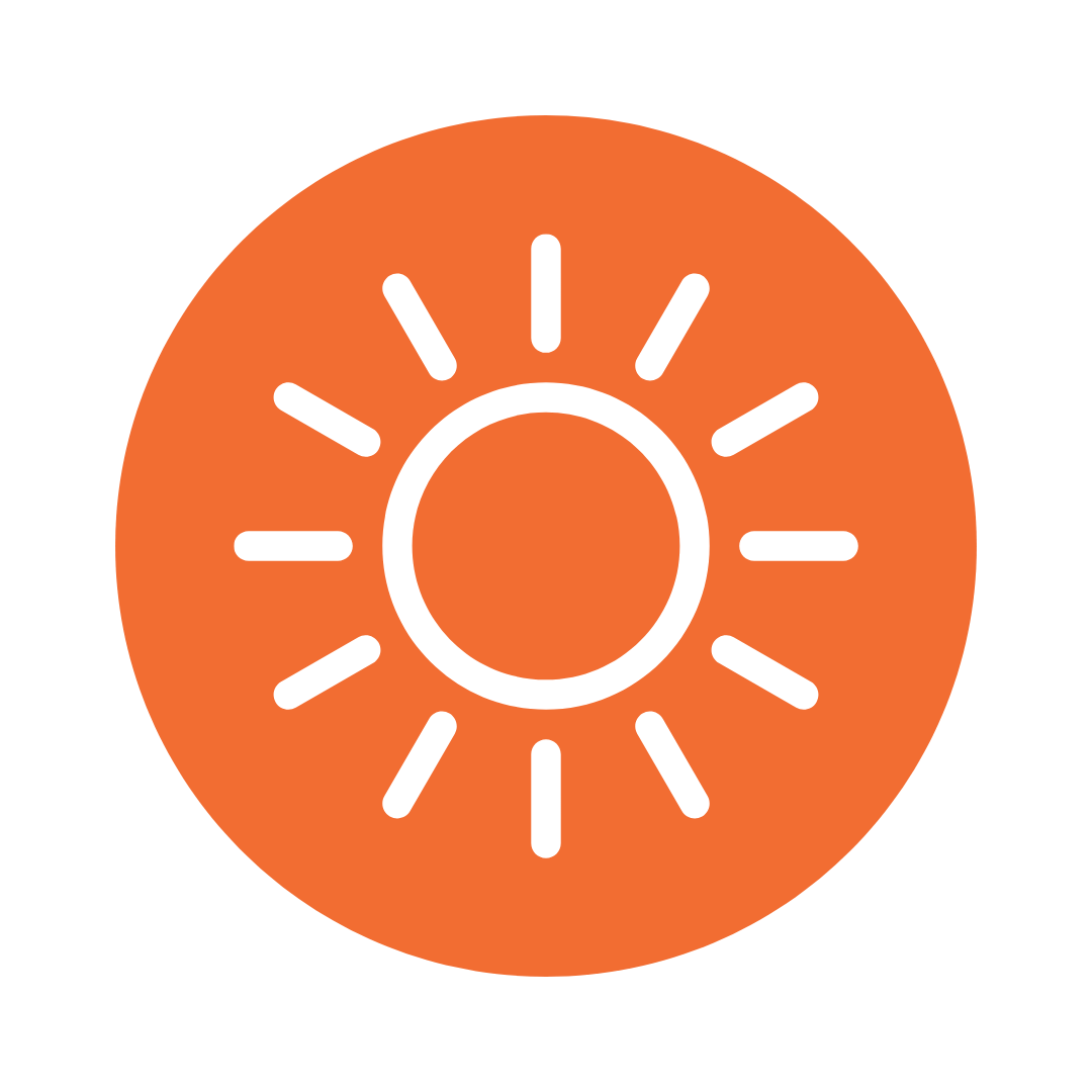White sun icon with rays inside an orange circular background.