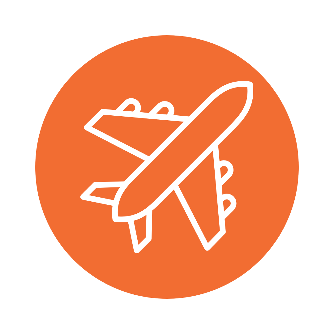 White airplane icon inside an orange circle.