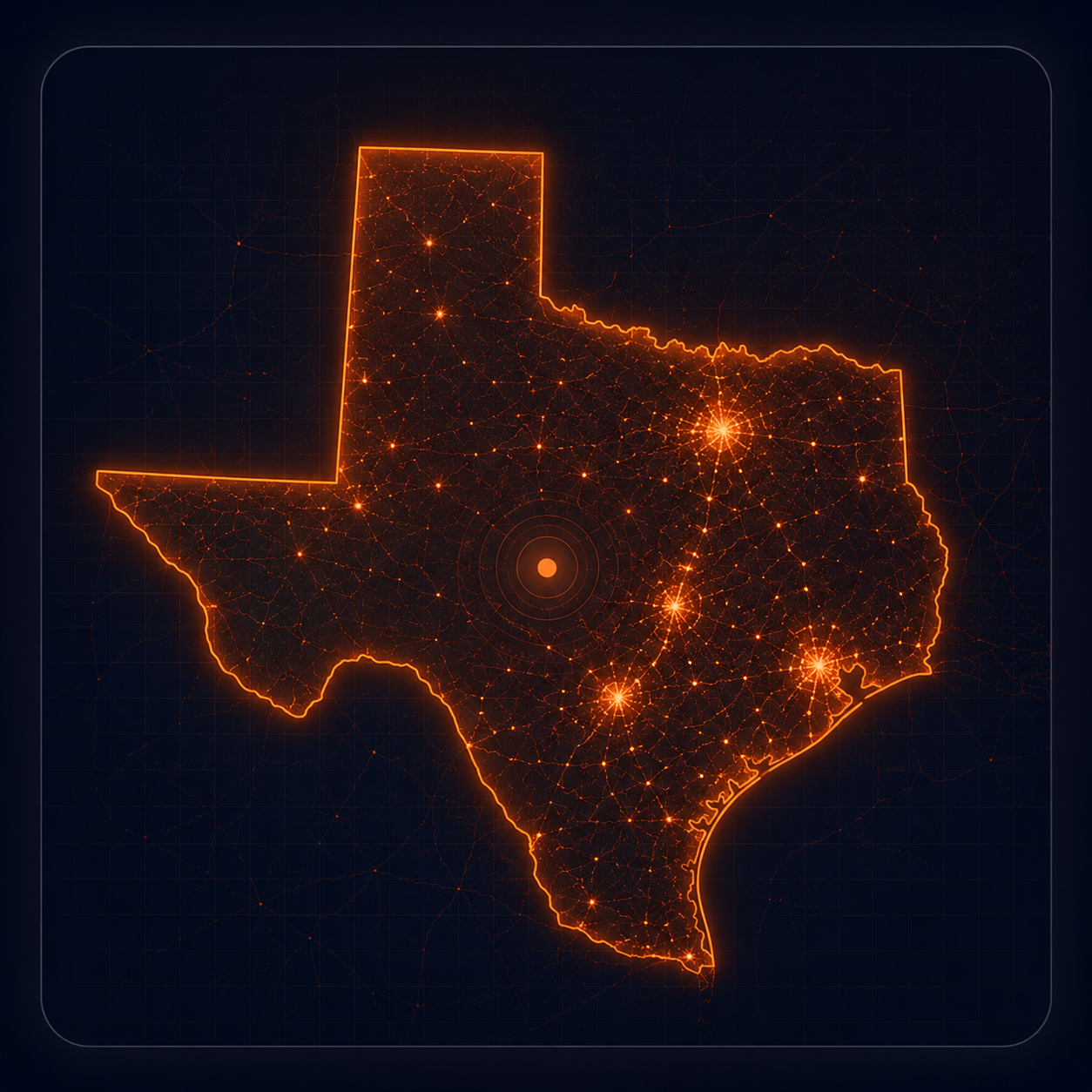 Glowing neon outline of Texas with bright orange network nodes and connecting lines.