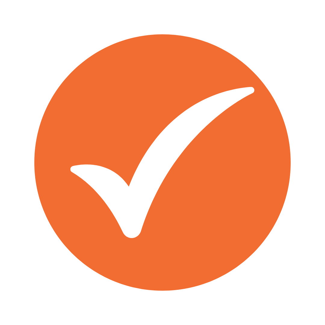 White check mark inside an orange circle indicating approval or completion.