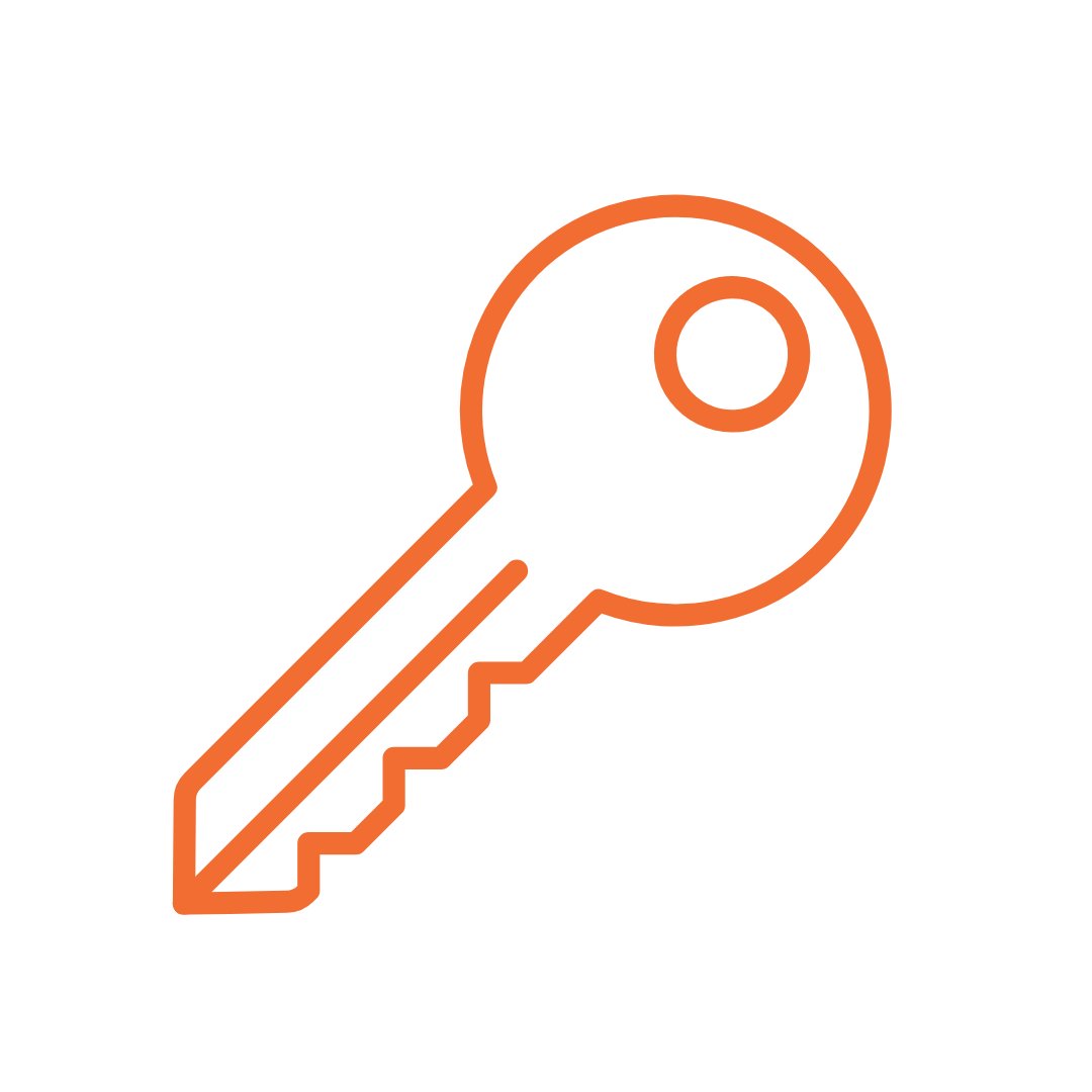 Orange outlined key icon with a round head and jagged blade on a black background.