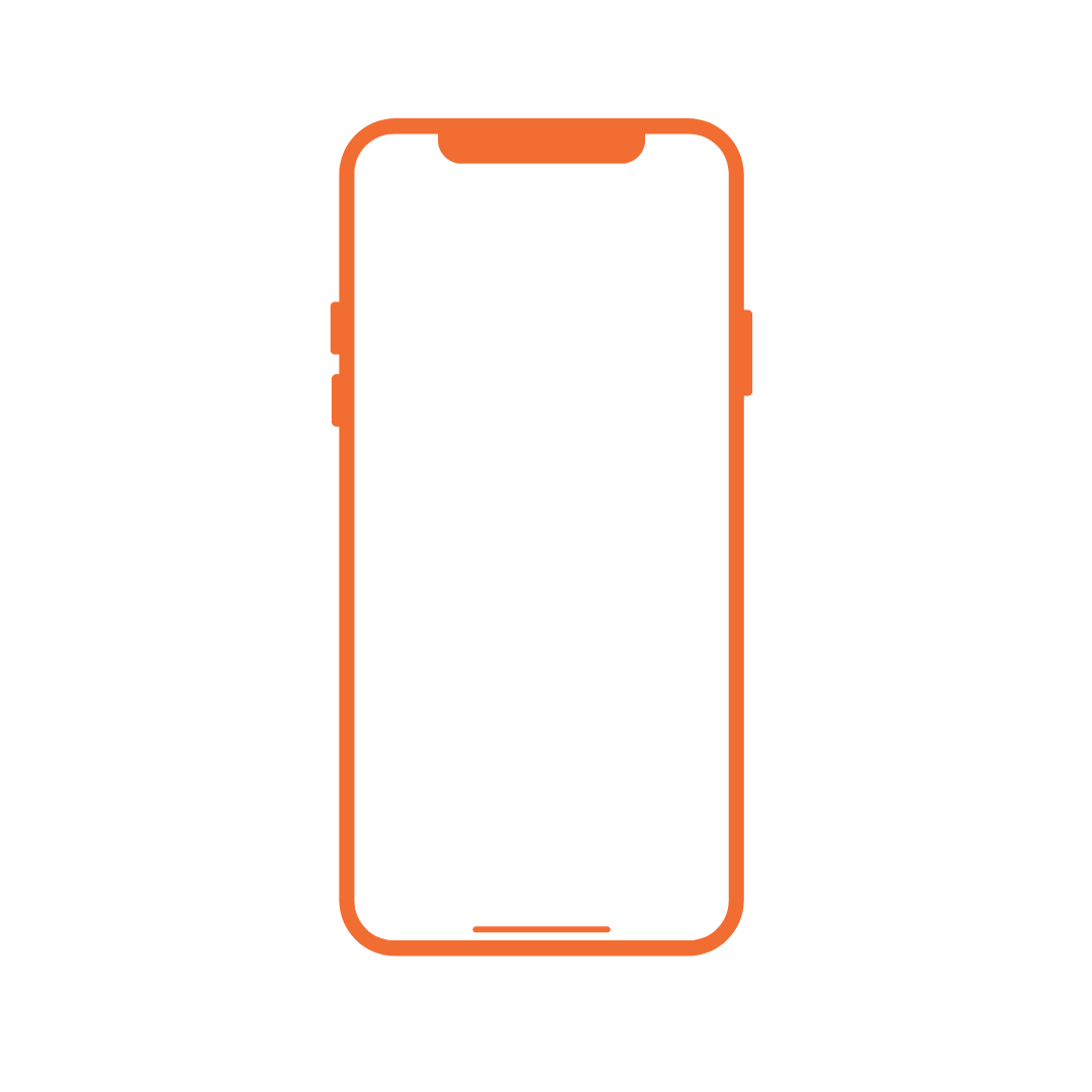 Orange outline of a smartphone with a notch and side buttons on a transparent background.