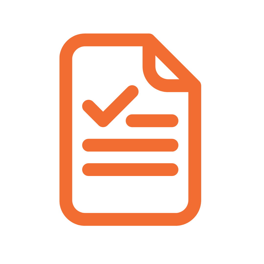 Orange document icon with a checkmark and lines representing text on a black background.