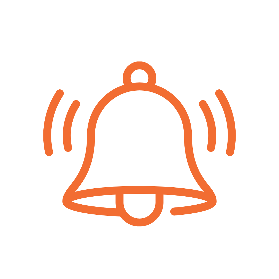 Orange ringing bell icon with motion lines on black background.