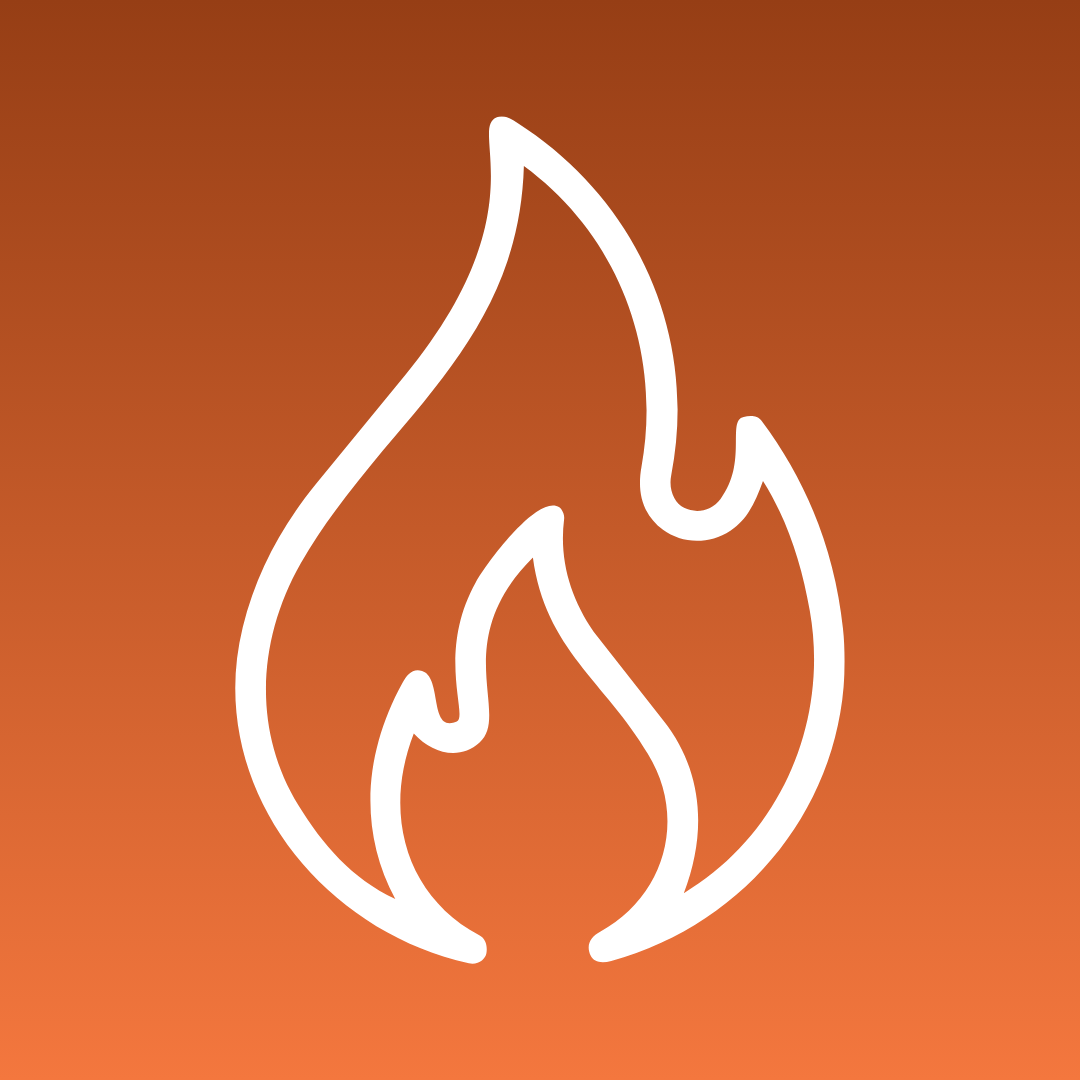White fire flame line icon on orange gradient background.
