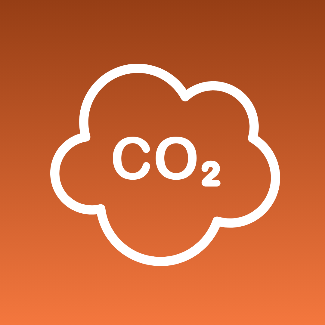 White CO2 text inside a cloud outline on an orange gradient background representing carbon dioxide emissions.