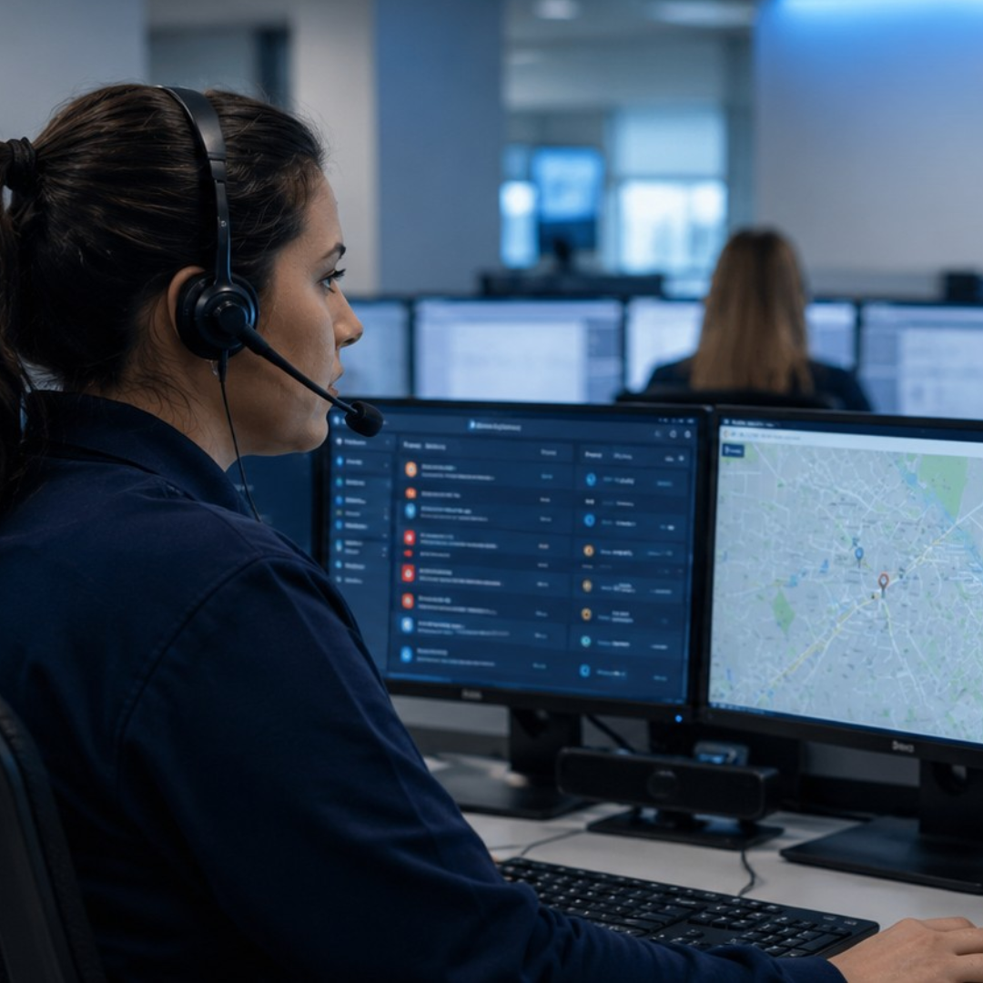 Woman wearing headset monitors multiple computer screens showing alerts and a city map in an office.