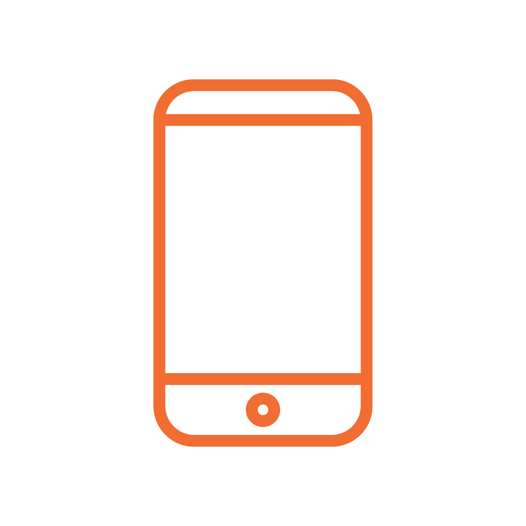 Orange outline of a smartphone with a circular home button on a transparent background.