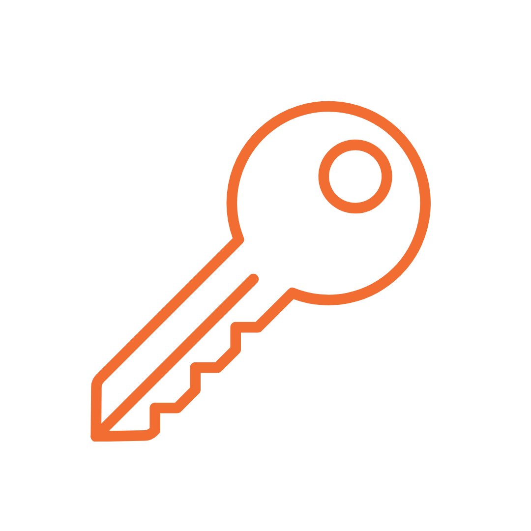 Orange outline of a classic key icon on a black background.