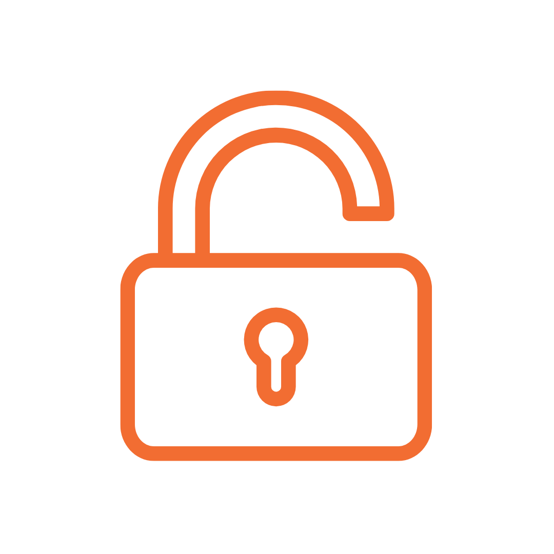 Orange outline of an open padlock on a black background symbolizing unlocked security.