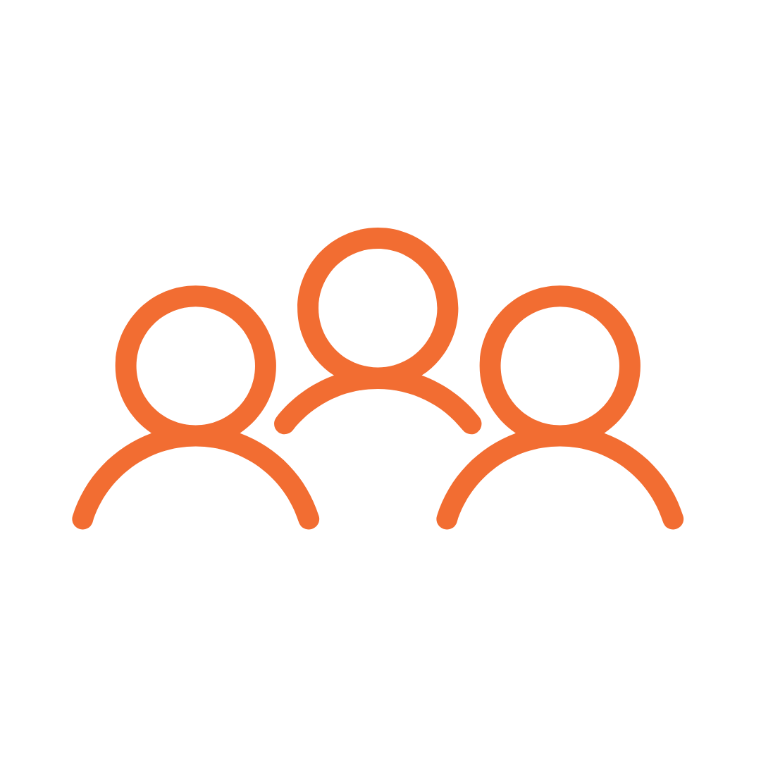 Three orange abstract human figures representing a group or community on a transparent background.