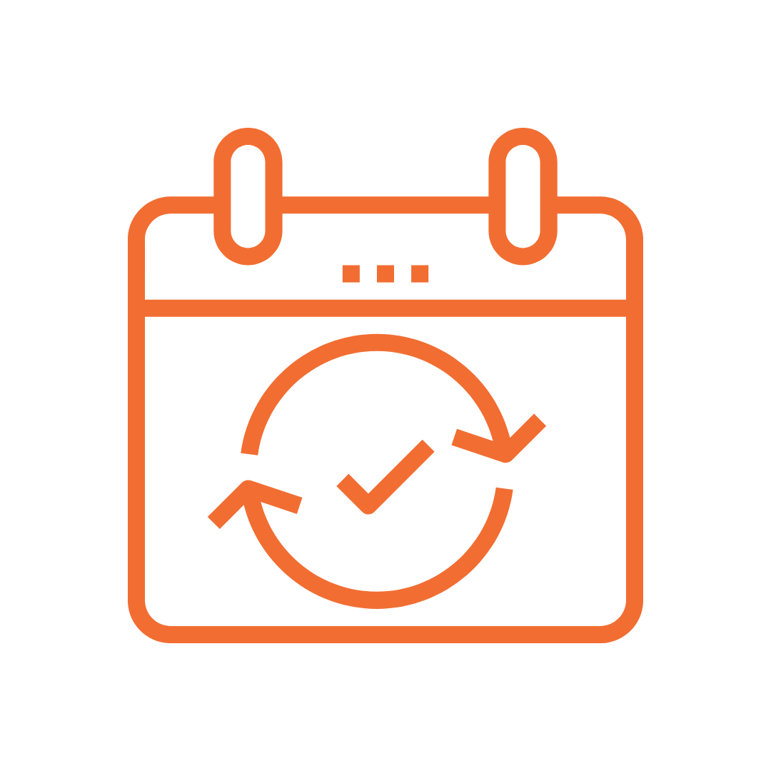Orange calendar icon with a circular arrow and check mark in the center.