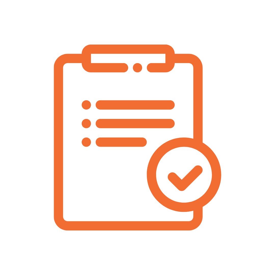 Orange clipboard icon with bulleted checklist and a checkmark inside a circle.