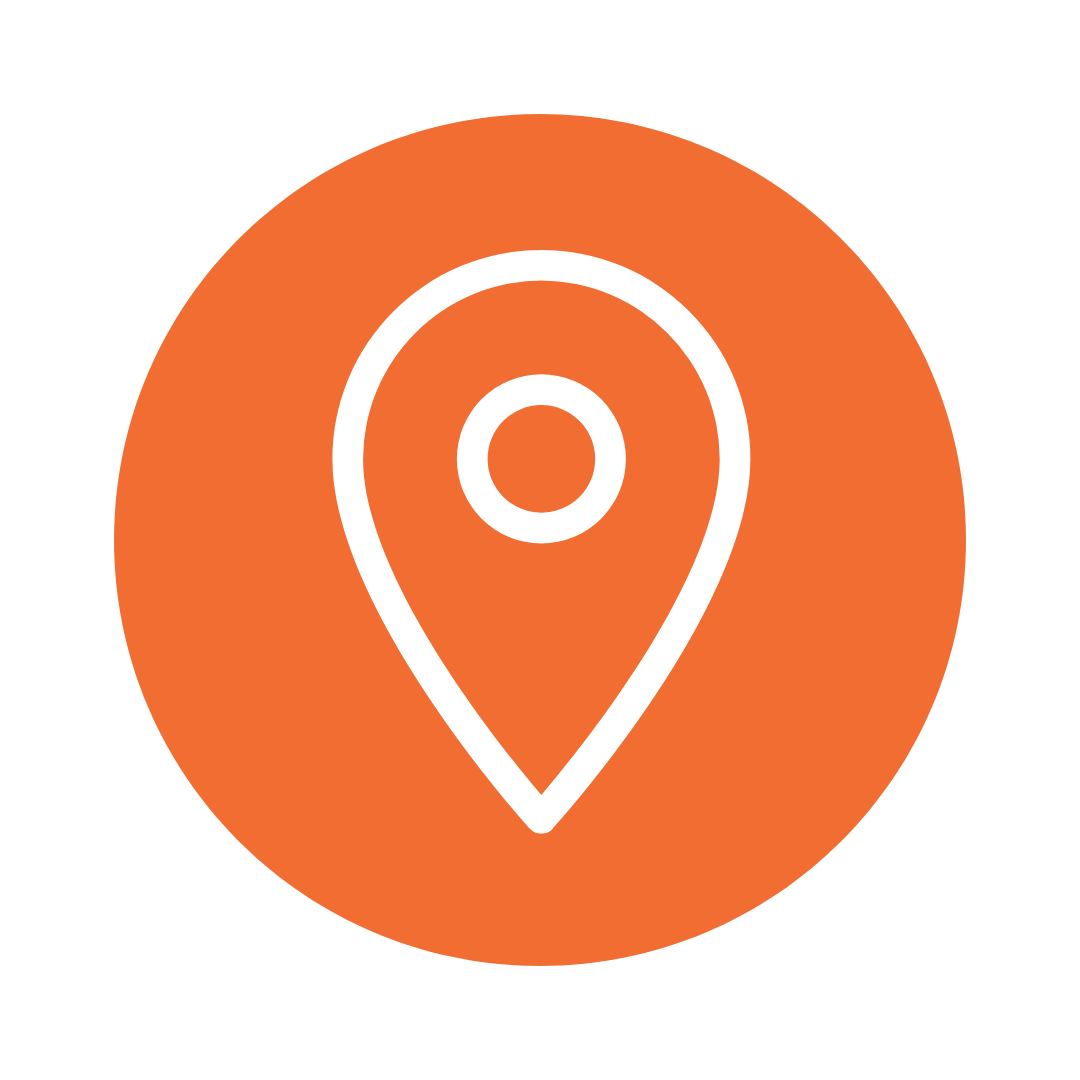 White location pin icon centered on an orange circular background.