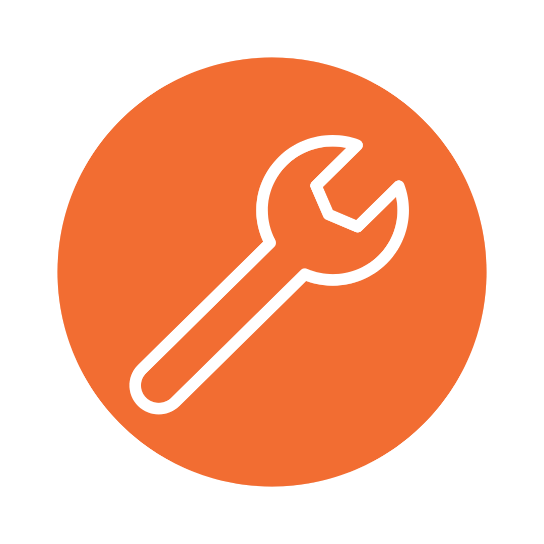 White wrench icon inside an orange circle representing tools or settings.