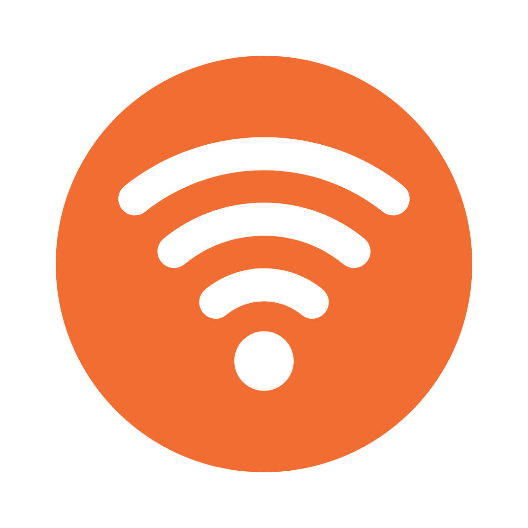 White Wi-Fi signal icon on an orange circular background.