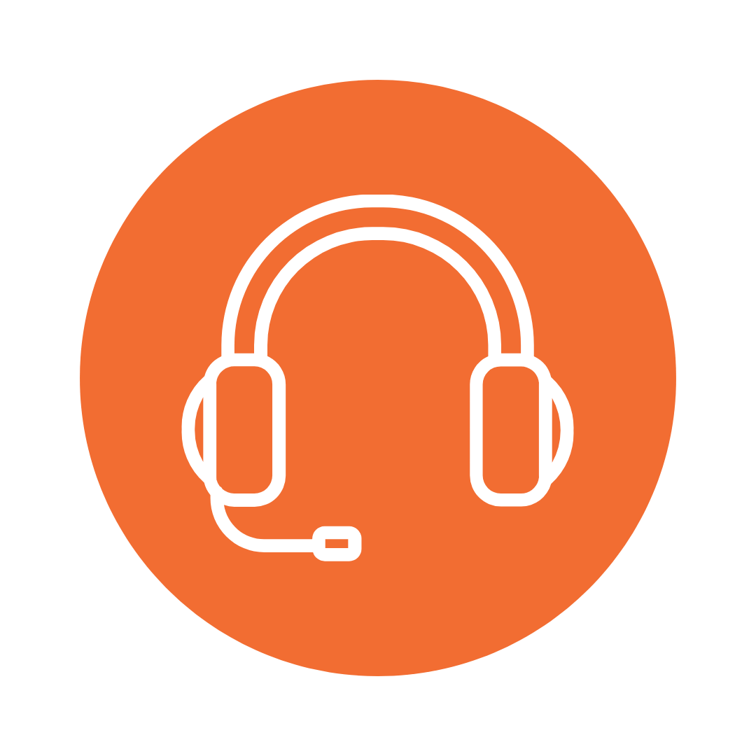 White headset icon with microphone on orange circular background.