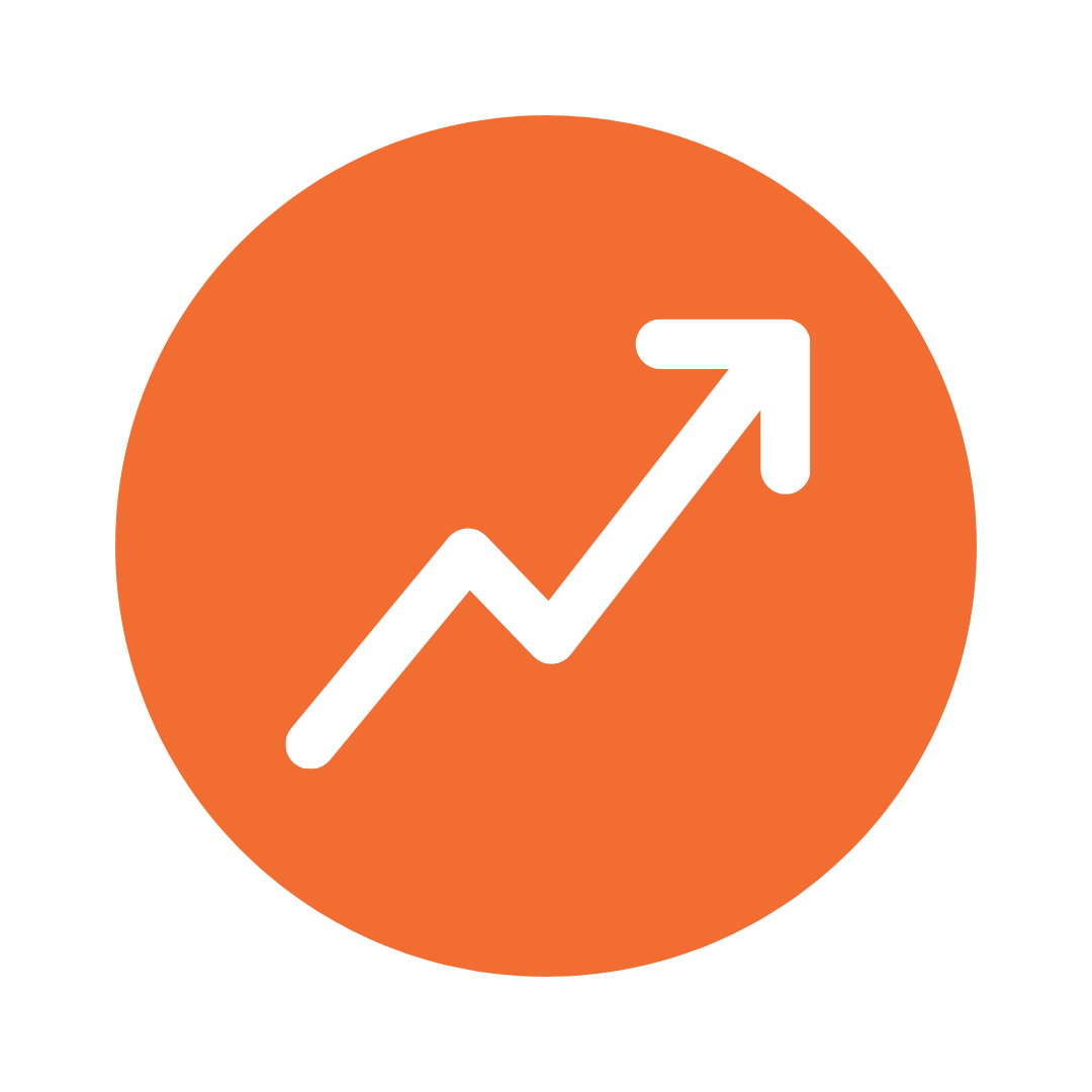 White arrow trending upward inside an orange circle symbolizing growth or increase.