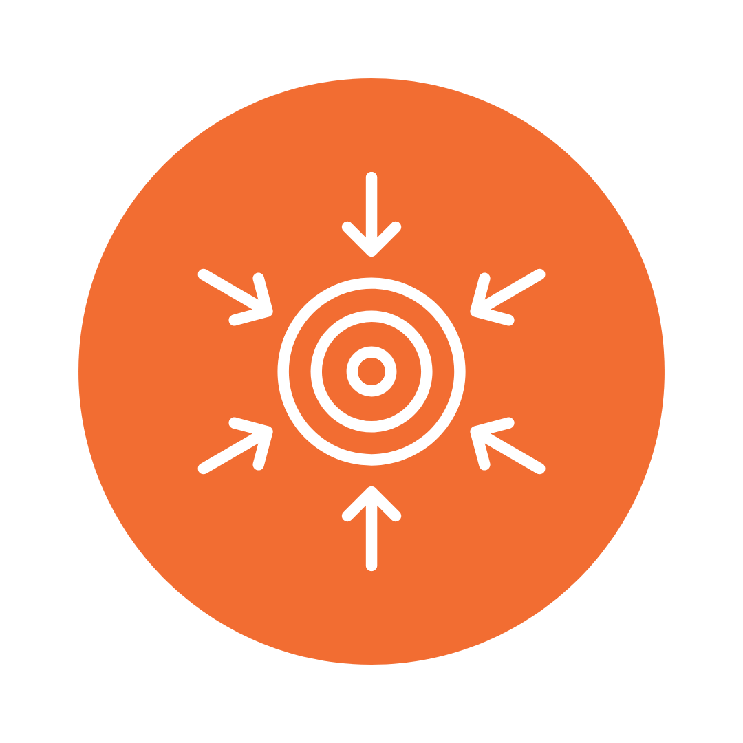White target with concentric circles and six arrows pointing inward on an orange circle background.