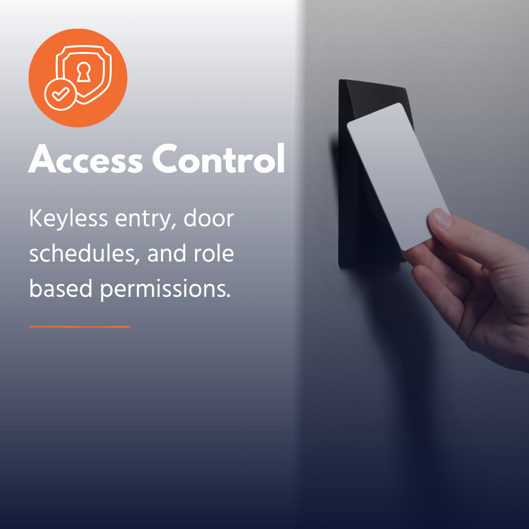 Hand holding access card near black keyless entry reader on wall.