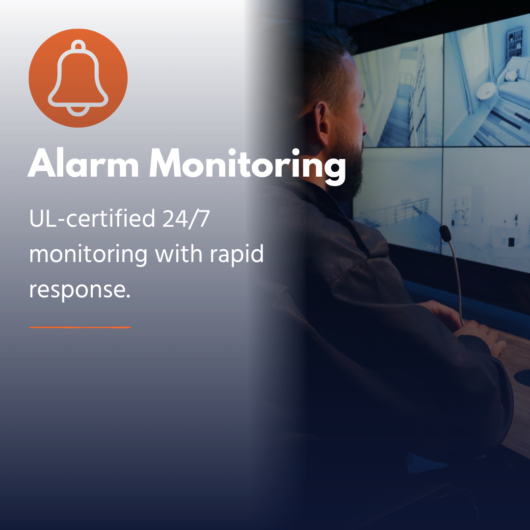 Man monitoring security camera feeds on multiple screens with alarm monitoring text and icon.