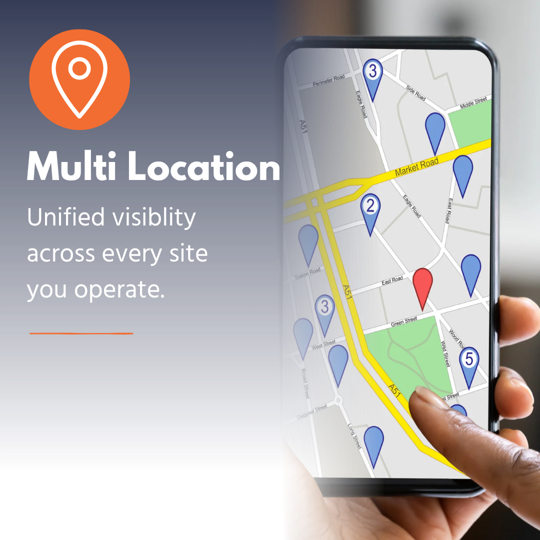 Hand holding smartphone showing map with multiple location pins and numbered markers.